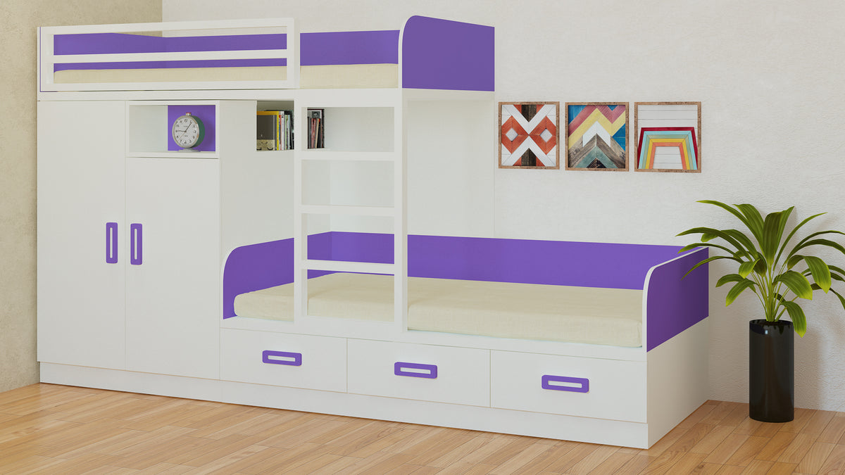 Adona Eskada Twin Bunk Bed With Left Wardrobe, Drawers, Open Shelves And  Wooden Ladder Barbie Pink – Adona Woods