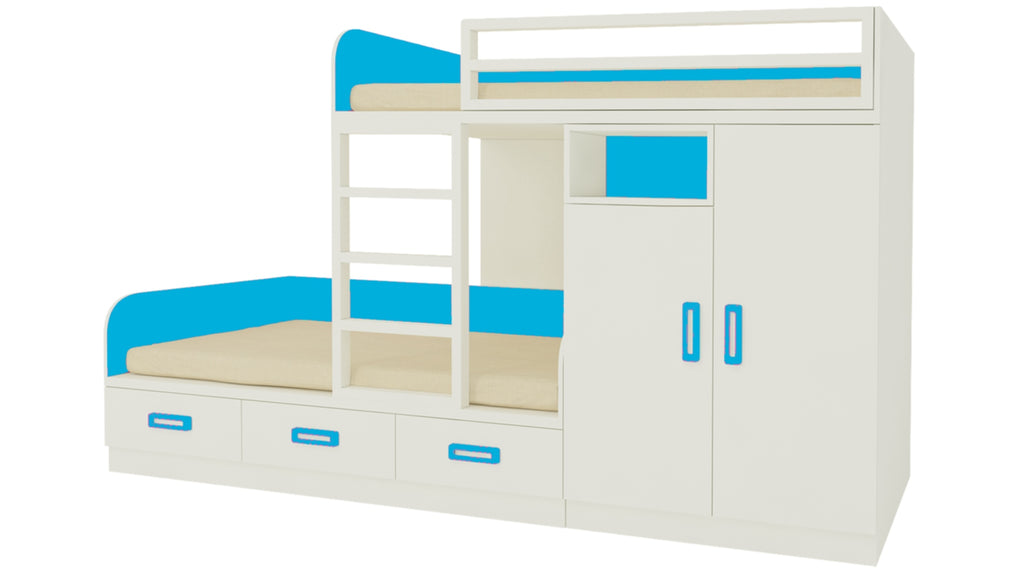 Adona Eskada Twin Bunk Bed with Right Wardrobe, Drawers, Open Shelves and Wooden Ladder Azure Blue
