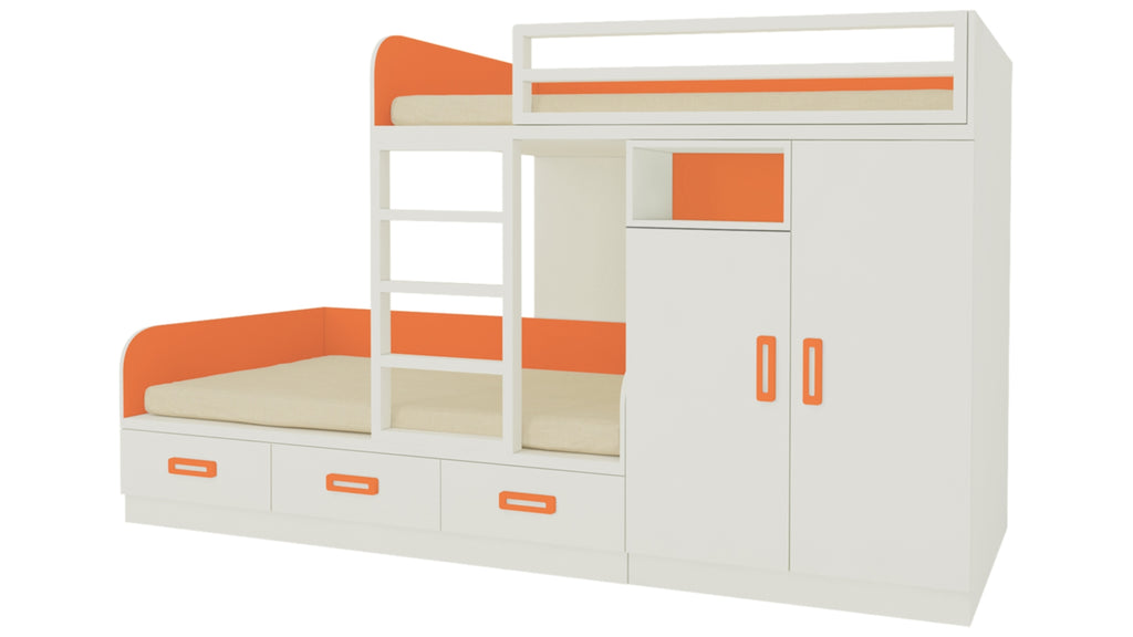 Adona Eskada Twin Bunk Bed with Right Wardrobe, Drawers, Open Shelves and Wooden Ladder