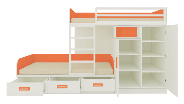 Adona Eskada Twin Bunk Bed with Right Wardrobe, Drawers, Open Shelves and Wooden Ladder