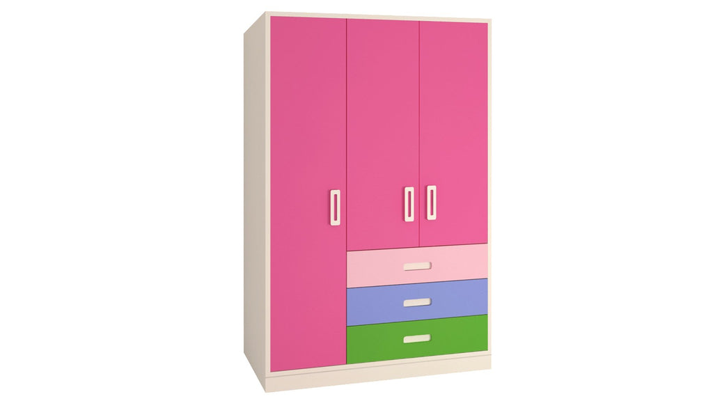 Adona Fiona Light Wood 3-Door Multicolor Wardrobe W/3 Drawers Barbie Pink