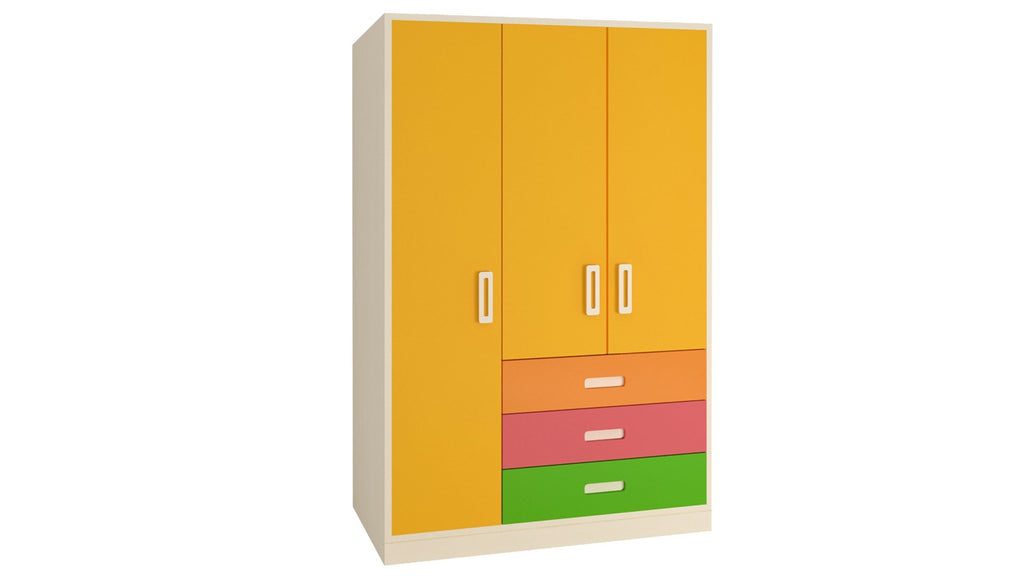 Adona Fiona Light Wood 3-Door Multicolor Wardrobe W/3 Drawers Mango Yellow