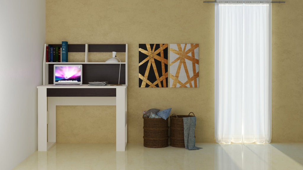 Adona Marina Study Desk w/Built-in Bookshelf and Drawer Ivory Coffee Walnut