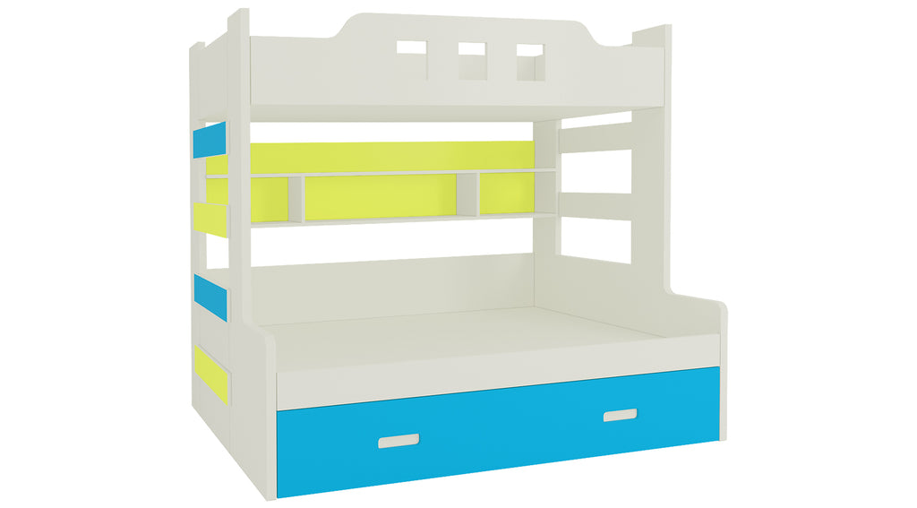 Adona Odessa Bunk Bed with 4 Ft Lower Bed, Pull Out Trundle, Shelves and Both Side Ladder