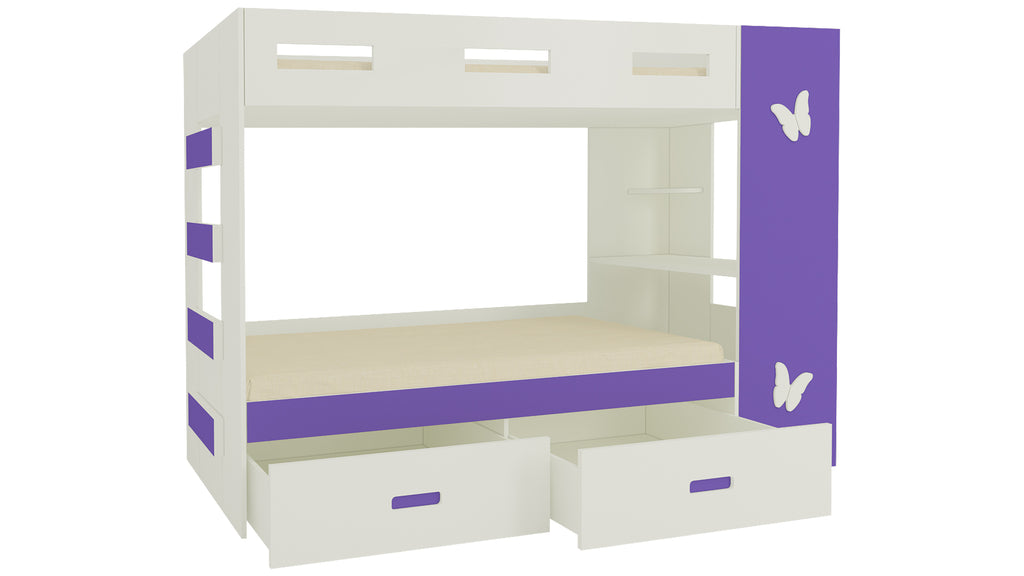 Adona Rio Butterfly Bunk Bed Left Ladder with Built-In Study Desk, Drawers, Shelves and Top Storage