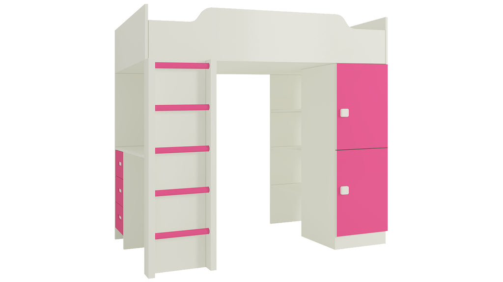 Adona Siona Loft Bunk Bed with Wardrobe, Study Desk, Open Shelves and Wooden Ladder