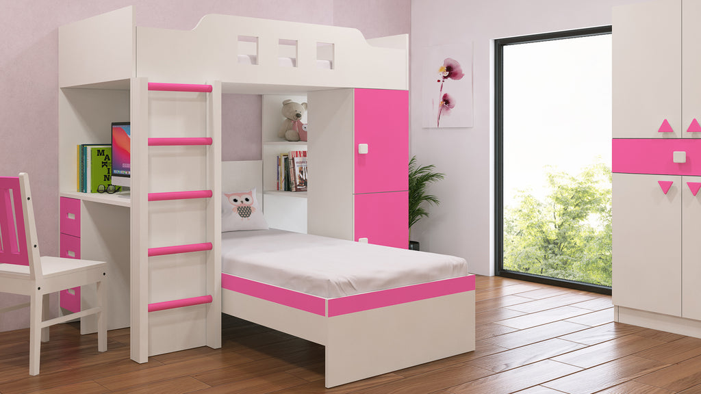 Adona Siona Twin-cum-Loft Bunk Bed with Wardrobe, Study Desk, Open Shelves and Wooden Ladder