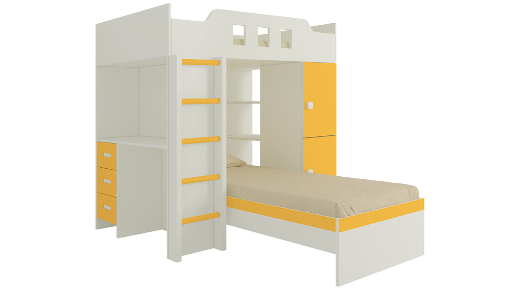 Adona Siona Twin-cum-Loft Bunk Bed with Wardrobe, Study Desk, Open Shelves and Wooden Ladder