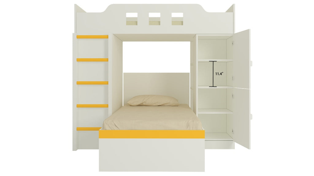 Adona Siona Twin-cum-Loft Bunk Bed with Wardrobe, Study Desk, Open Shelves and Wooden Ladder