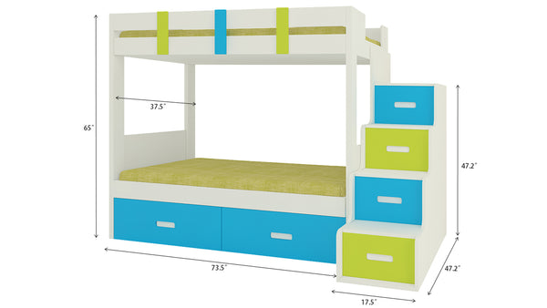 Adona Suvina Kids Room Furniture Set w/Twin Bunkbed, Right Storage Steps and 2-Door Wardrobe